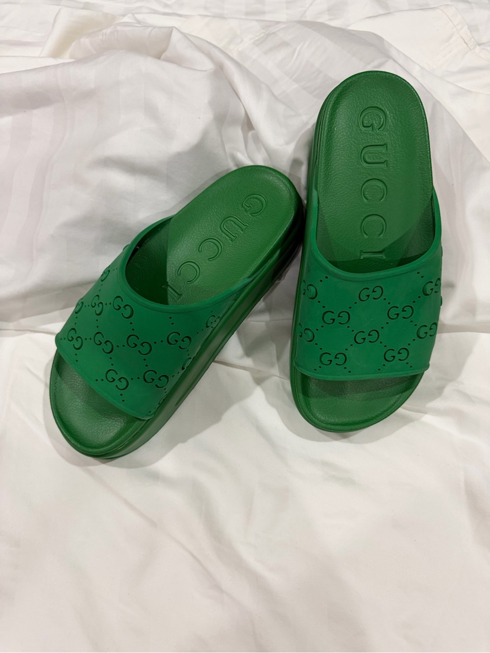 Gucci Green GG Monogram Perforated Rubber Slide Sandals IT 39 US 9